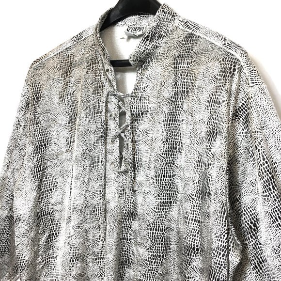 70's Style Scorpio Blk Wh Snakeprint Embossed Velveteen Drawstring  Shirt - Picture 5 of 10